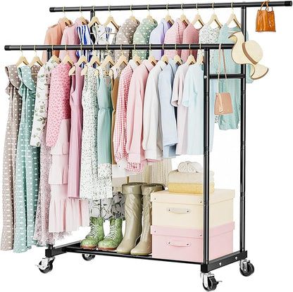 Abiglifty Double Rods Clothes Rack for Hanging Clothes, Clothing Rack with Wheels, Portable Closet Organizer for Laundry, Room, Black