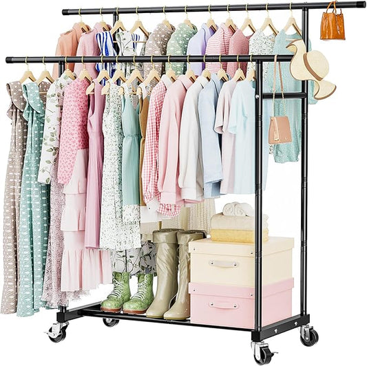 Abiglifty Double Rods Clothes Rack for Hanging Clothes, Clothing Rack with Wheels, Portable Closet Organizer for Laundry, Room, Black