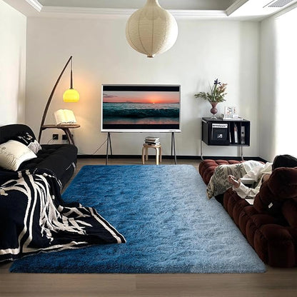 DweIke Luxury Fluffy Kids Rugs for Living Room Bedroom, 6x9 Large Shaggy Gradient Navy Blue Area Rug for Girls Boys, Upgrade Plush Non-Slip and Washable Colorful Fuzzy Carpet for Dorm Nursery Decor