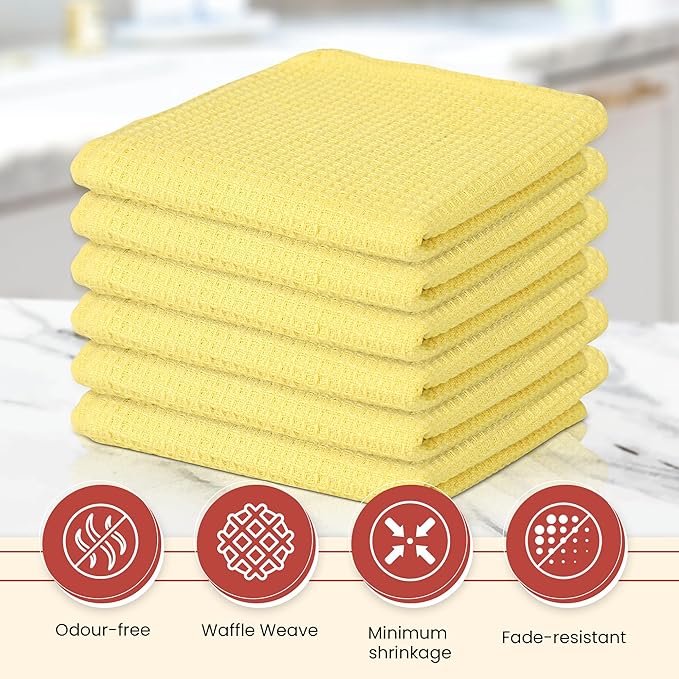Vintage Vista 100% Cotton Waffle Dish Cloths (Pack of 6) - Dish Rags for Washing Dishes - Reusable & Highly Absorbent Kitchen Towels - Kitchen Rags for Christmas - (12" x 12" - Lemon Yellow)