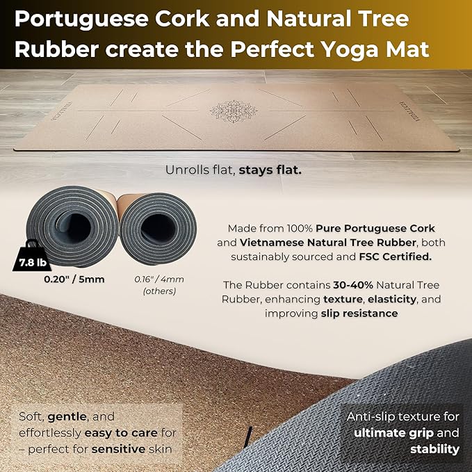 Cork Yoga Mat - 5mm Extra Large 72"x26" Non-Slip Yoga Mat with FSC Certified Portuguese Cork & Natural Rubber Base – Hot Mat for Home & Studio – yoga mat cork
