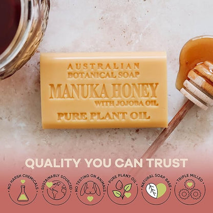 Australian Botanical Soap, 6.6 OZ, Manuka Honey and Jojoba Oil, Triple Milled Bars made with a Natural Soap Base and Enriched with Organic Shea Butter, Pack of 8