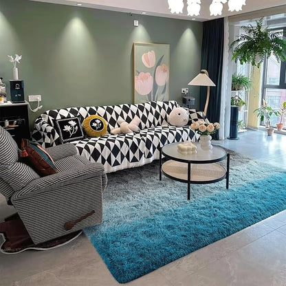DweIke Luxury Fluffy Kids Rugs for Living Room Bedroom, 4x6 Feet Shaggy Black and Blue Area Rug for Girls Boys, Upgrade Plush Non-Slip and Washable Colorful Fuzzy Carpet for Dorm Nursery Decor