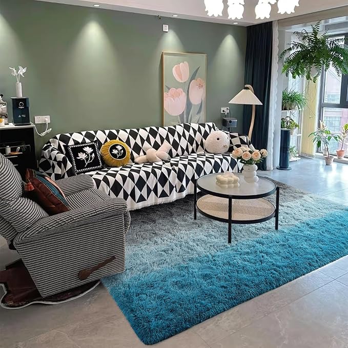 DweIke Luxury Fluffy Kids Rugs for Living Room Bedroom, 5x8 Large Shaggy Black and Blue Area Rug for Girls Boys, Upgrade Plush Non-Slip and Washable Colorful Fuzzy Carpet for Dorm Nursery Decor