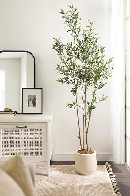 Kate and Laurel Oliveira Faux Olive Tree with Jia Curved Planter Pot, 7 FT, Cream, Potted Artificial Tree Indoor with Realistic Foliage and Added Moss, Fake Plant for Living Room Decor