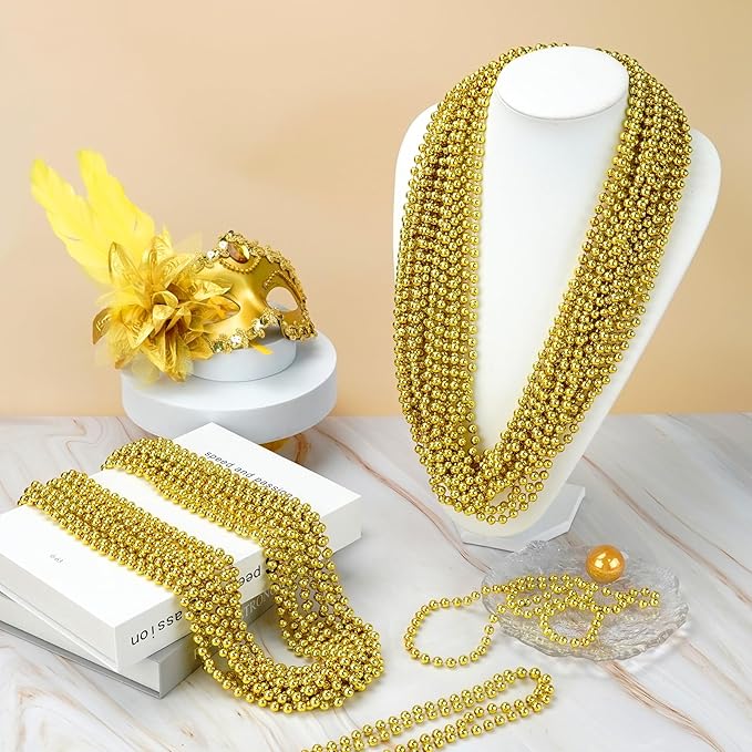 YAXINRUI 72 PCS Gold Bead Necklaces, Christmas Bead Necklaces, Gold Mardi Gras Beads, 33 Inch Round Beaded Necklaces for Mardi Gras Party Christmas New Year Eve Festive Events, Party Favors
