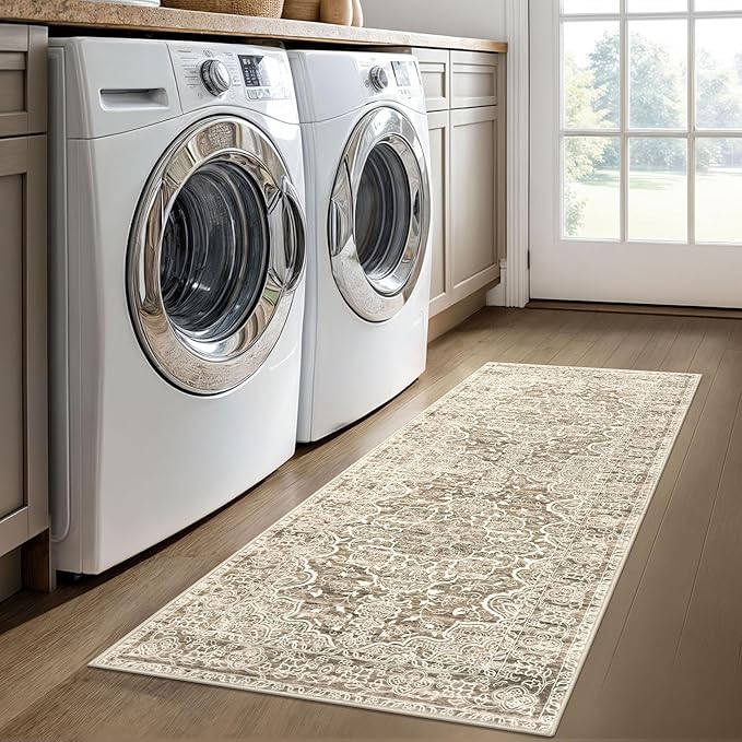 KUTA Vintage Washable Runner Rug, 2x5 Runners Non-Slip Beige Brown 5ft Hallway Kitchen Rugs Ultra Soft Printed Distressed Tribal Farmhouse Carpet for Bedroom Entryway Decor