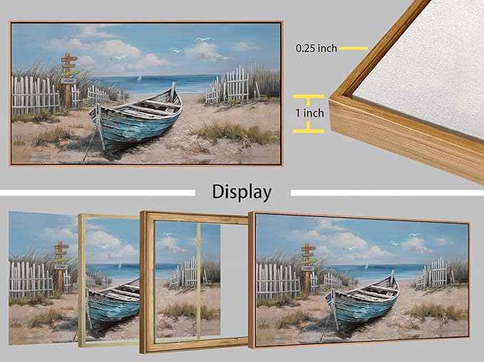 Ardemy Framed Canvas Wall Art Extra Large Boat Bedroom Pictures Wall Decor Living Room, Beach Seascape Paintings Wall Decor Textured Artwork for Kitchen Dining Room Home Office, 48"x24"