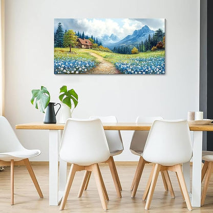 CHATYOUNG Bathroom Canvas Wall Art Paintings, Blue Mountains Wild Flowers Rustic Landscape Prints Wall Pictures Large 20"X40" for Living Room Bedroom Bathroom Home Decor Gift