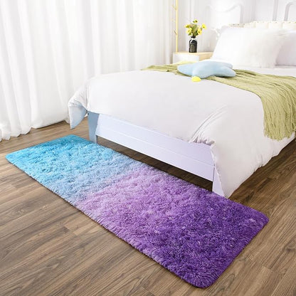 DweIke Luxury Shaggy Runner Rugs for Bedroom, 2x6 Feet Fluffy Runners Carpet for Girls Boys Kids, Non-Slip Extra Comfy Plush Bed Beside Rug for Living Room Nursery Home Decor, Purple and Blue