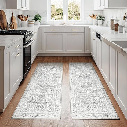 jinchan Kitchen Runner Rug 2x5-2pcs,Vintage Hallway Rug Washable Floral Non Slip with Rubber Backing Soft Carpet Runner for Bedroom Laundry Room Living Room Grey
