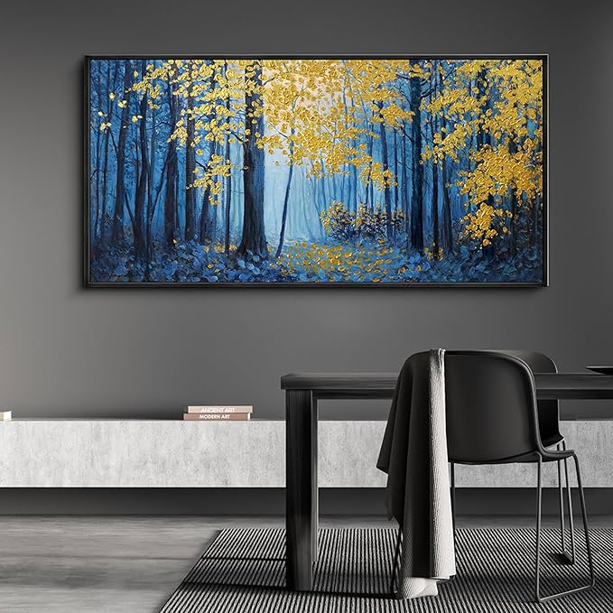 KLAKLA Blue and Gold Tree Wall Art - Birch Tree Forest Painting Pictures Framed Artwork for Living Room Bedroom Office Canvas Print Art Gorgeous Landscape Wall Art Home Decoration - 58x29 Inches