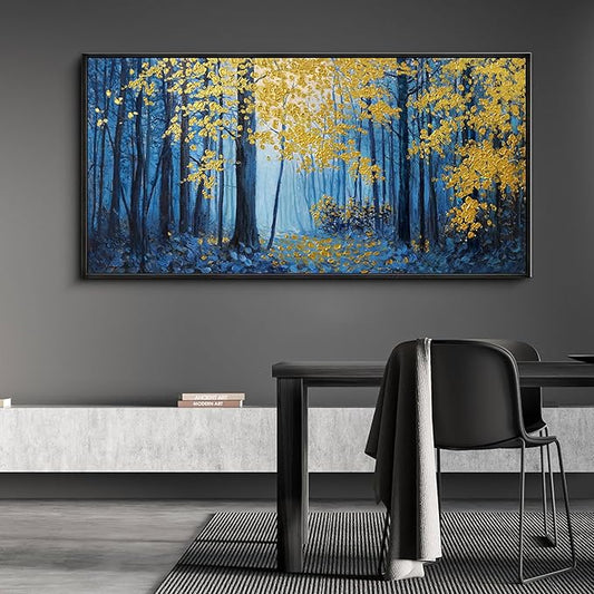 KLAKLA Blue and Gold Tree Wall Art - Birch Tree Forest Painting Pictures Framed Artwork for Living Room Bedroom Office Canvas Print Art Gorgeous Landscape Wall Art Home Decoration - 48x24 Inches