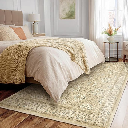 Warm Beige Area Rug 5x7, Non Slip Washable Rugs for Living Room Bedroom Low Pile Thin, Boho Neutral Floral Moroccan Pattern Printed Carpet Rug for Nursery Playroom Dining Room Home Office