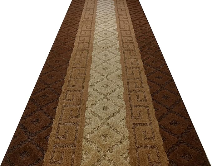 Custom Cut Hallway Runner Rug, Slip Resistant, 31 Inch Wide X Your Choice of Length, Meander Brown, 31 Inch X 7 feet
