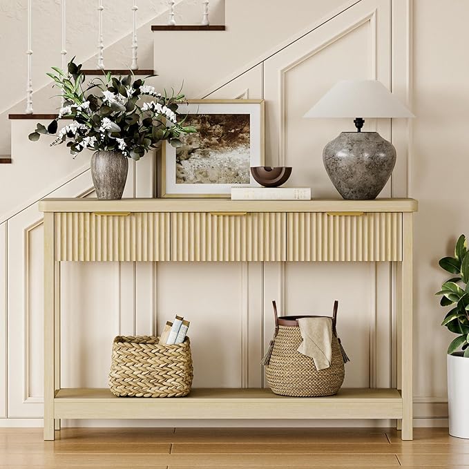 Lulive 51" Fluted Console Table for Entryway, Entryway Table with 3 Wooden Drawers, Farmhouse Behind Sofa Table for Living Room, Hallway, Couch, Foyer