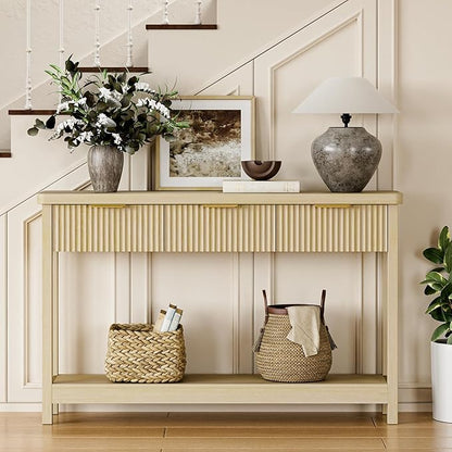 Lulive 51" Fluted Console Table for Entryway, Entryway Table with 3 Wooden Drawers, Farmhouse Behind Sofa Table for Living Room, Hallway, Couch, Foyer