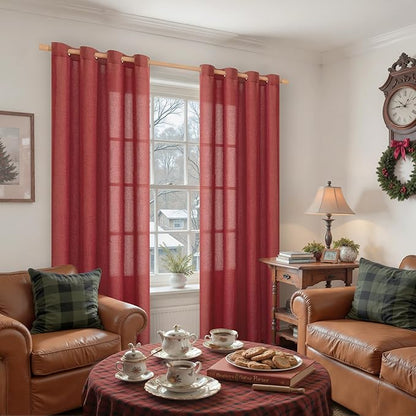 YoungsTex Red Linen Curtains 80 Inch Length for Living Room, Light Filtering Window Drapes Semi Sheer with Bronze Grommet Privacy for Christmas Decor Bedroom, 52 x 80 Inch, 2 Panels