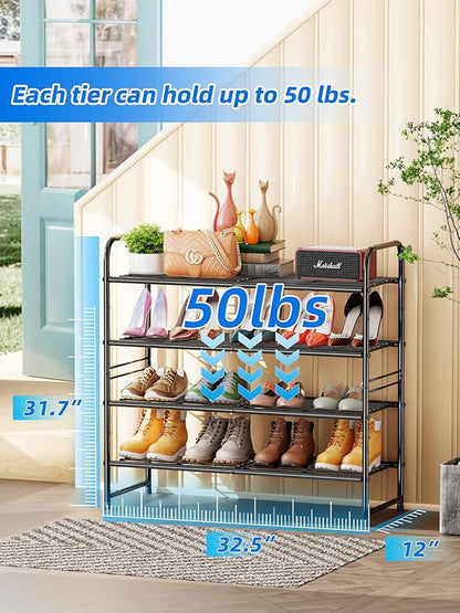 SUFAUY 33" Wide Shoe Rack, 4-Tier Shoe Storage Rack for 20-25 Pairs of Shoes, Shoe Organizer for Entryway, Stackable, Heavy Duty, Steel Frame, Industrial, Black