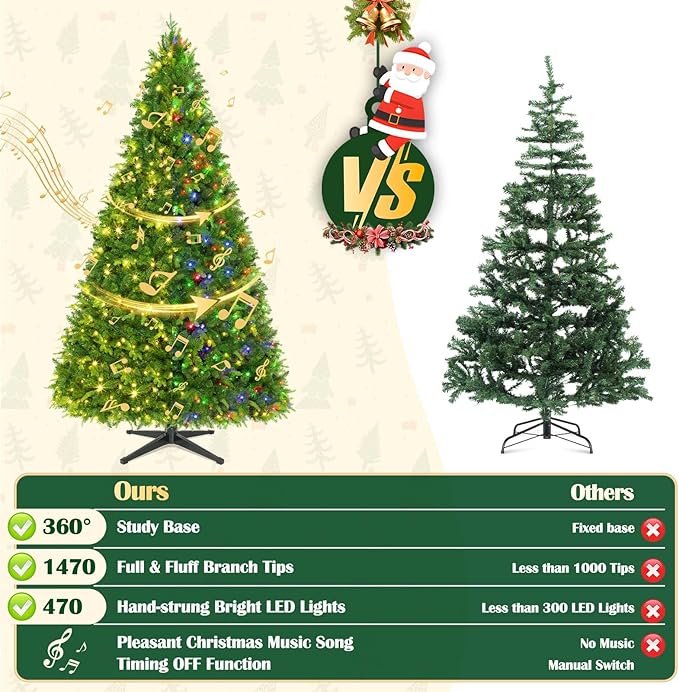 GGOYING 9FT Pre-Lit Flocked Christmas Tree with Rotating Stand & Remote, Green Dense Branches, Realistic Holiday Decorations, LED Lights (RGB + Warm White)
