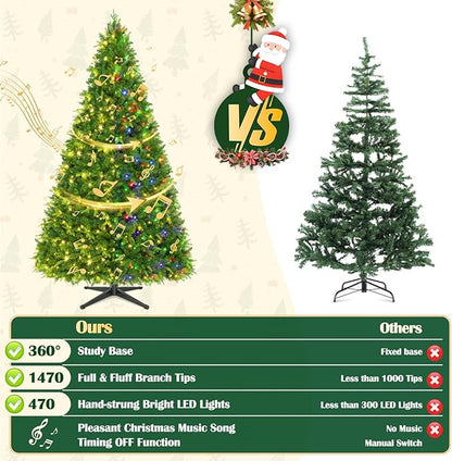GGOYING 9FT Pre-Lit Flocked Christmas Tree with Rotating Stand & Remote, Green Dense Branches, Realistic Holiday Decorations, LED Lights (RGB + Warm White)