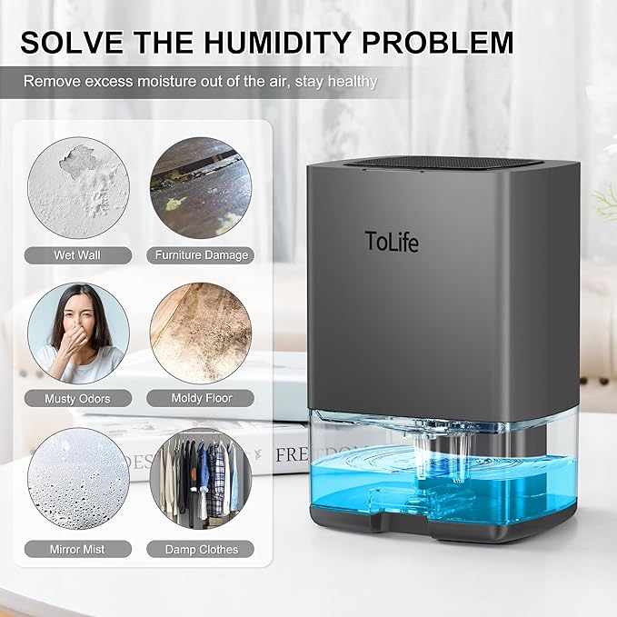 ToLife Dehumidifiers for Home 30 OZ Water Tank with Auto-Off 500 sq.ft Portable Small Dehumidifier for Bathroom Bedroom RV Closet Room 7 Colors LED Light, Gray