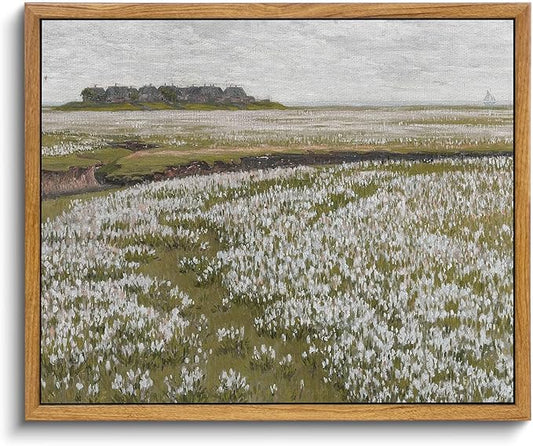 InSimSea Framed Canvas Wall Art Vintage Decor, Landscape Wall Art, Boundless Grassland Full of White Flowers Canvas Painting Wall Decor, Retro Farmhouse Bedroom Decoration, 9"x11"