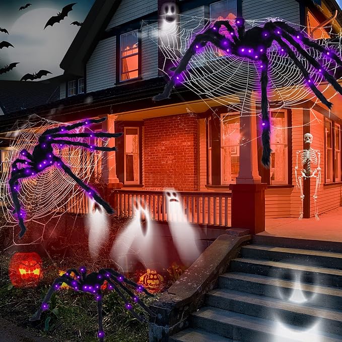 Halloween Spider Decorations 4ft Light Up Giant Spider(2 Pack) for Indoor Outdoor Halloween Decorations Yard Party House Décor