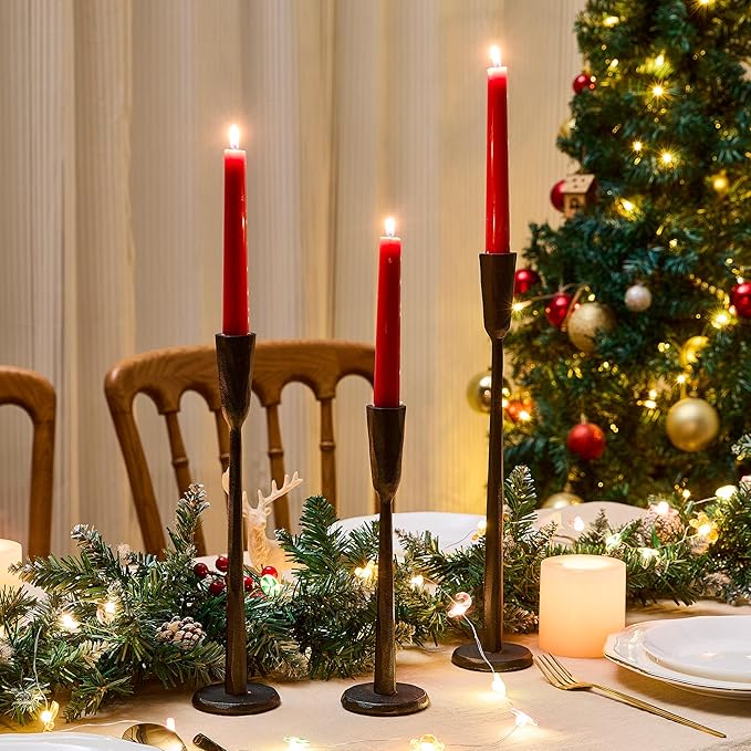 Cast Iron Taper Candle Holder Set of 3, Vintage Candlestick Holders Decorative Candle Stand, Tapered Candle Holders Tall Set for Wedding, Holiday, Home Decor, Christmas Decoration (Black)