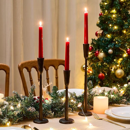 Cast Iron Taper Candle Holder Set of 3, Vintage Candlestick Holders Decorative Candle Stand, Tapered Candle Holders Tall Set for Wedding, Holiday, Home Decor, Christmas Decoration (Black)