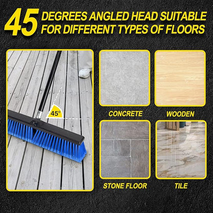 18 Inches Outdoor Push Broom Heavy Duty Shop Broom with 63" Long Handle for Deck Driveway Garage Yard Patio Concrete Floor Cleaning(Blue)