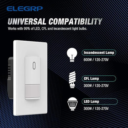 ELEGRP Single Pole Occupancy Motion Sensor Light Switch, Need Grounding Wire No Neutral Wire, 120° Sensor Coverage PIR Infrared Motion Activated, for CFL/LED/Incandescent Bulb, UL,1 Pack, Matte White