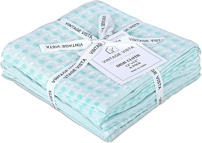 Vintage Vista 100% Cotton Dish Cloths (Pack of 6) - Dish Rags for Washing Dishes - Reusable & Highly Absorbent Kitchen Towels - Kitchen Rags for Christmas - (12" x 12" - Lemon Green Honeycomb)