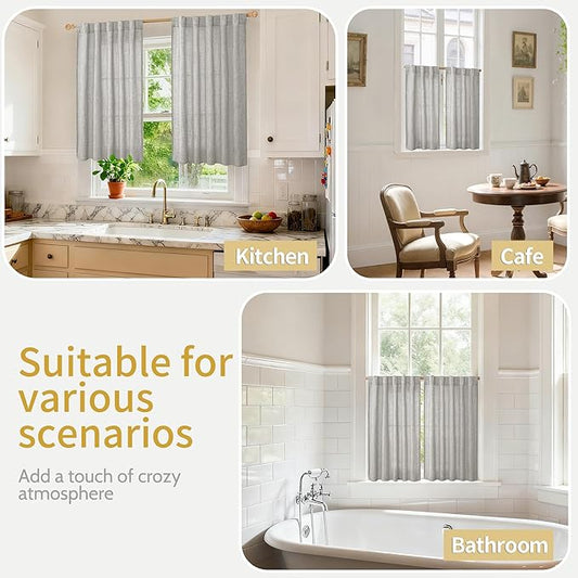 YoungsTex Dark Grey Linen Curtains 45 Inch Length for Short Window, Semi Sheer Drapes with Back Tab Rod Pocket Light Filtering for Kitchen Bathroom Bedroom, 2 Panels, 42 X 45 Inch