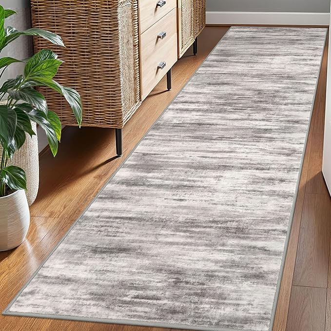 KOZYFLY Modern Abstract Hallway Runner Rug, 2.6x8 Washable Rug Runner Non-Slip Soft Striped Kitchen Runner Rugs, Print Grey Beige Carpet Runner for Entryway Bathroom Laundry Room Foyer