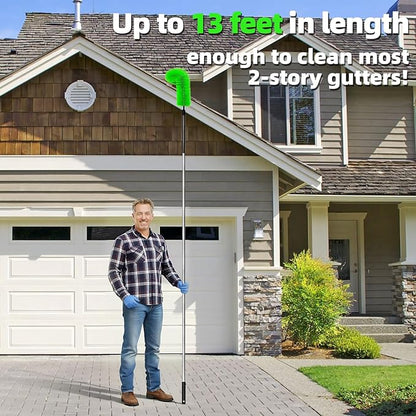 13 FT Gutter Cleaning Tool, Roof Gutter Brush, Clear Leaves from Roof Gutters Without a Ladder, Includes 2 Cleaning Brushes & Green