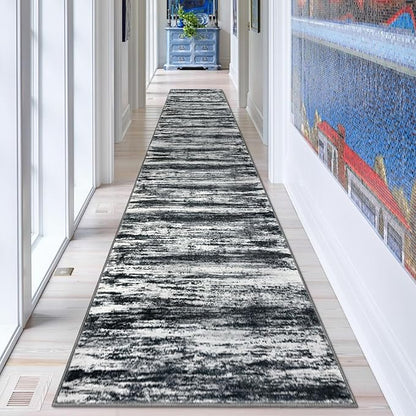 KOZYFLY Modern Abstract Washable Rug Runner 2.6x14 Hallway Rug Runner Non-Slip Soft Kitchen Runner Rugs, Black Navy Blue Grey Striped Carpet for Entryway Bathroom Laundry Room Foyer