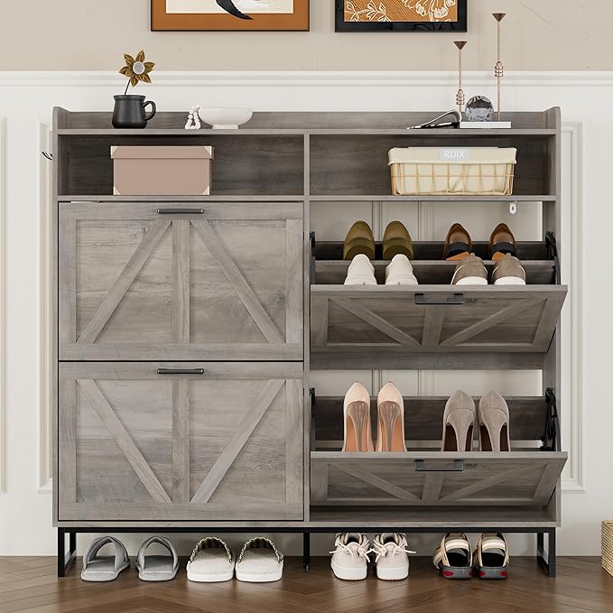 Shoe Cabinet with 4 Flip Drawers Narrow Shoe Storage Cabinet Organizer Wooden Freestanding Shoe Rack Hidden Slim Shoes Storage Cabinet for Entryway, Hallway, Living Room, Bedroom