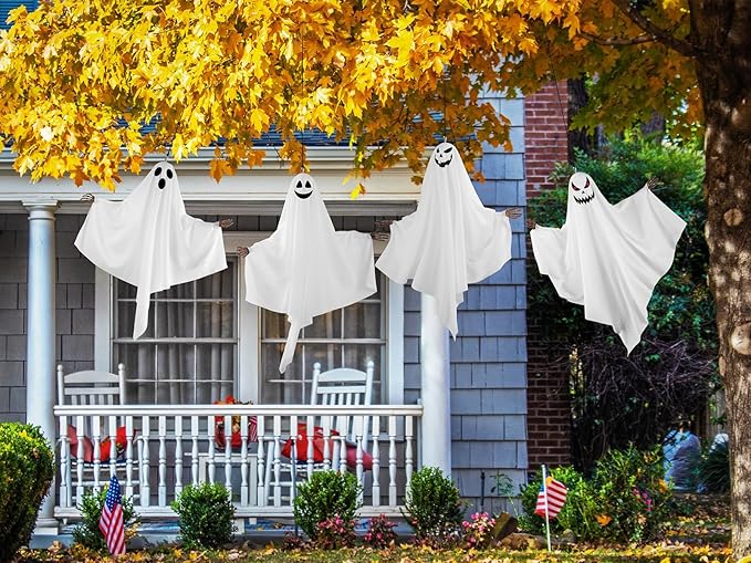 4PCS Hanging Ghosts Halloween Decorations with Skeleton Hands, Spooky Expression for Front Porch and Tree
