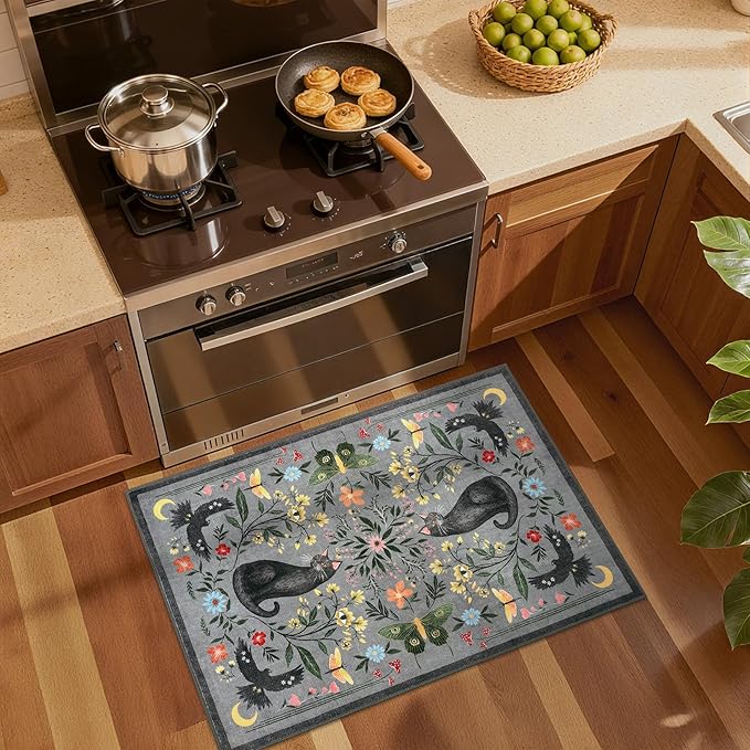 GarveeHome Cat Entryway Rug, 2x3 Mushroom Insect Grey Washable Front Door Rug Indoor Entrance Floral Carpet Non-Slip Low Pile Throw Rugs for Kitchen Floor, Powder Room, Entry, Bathroom, Kids Room