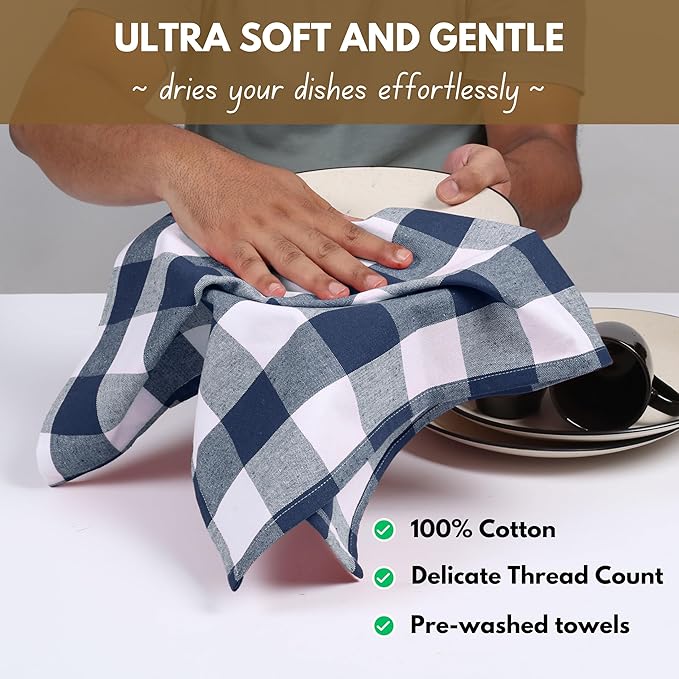 Native Fab 6-Pack Kitchen Towel with Hanging Loop 16x26 inches, Cotton Buffalo Check Kitchen Towels for Cleaning Drying, Washcloths Soft & Absorbent Cloth Rags, Bar Towel, Dish Cloth, Navy