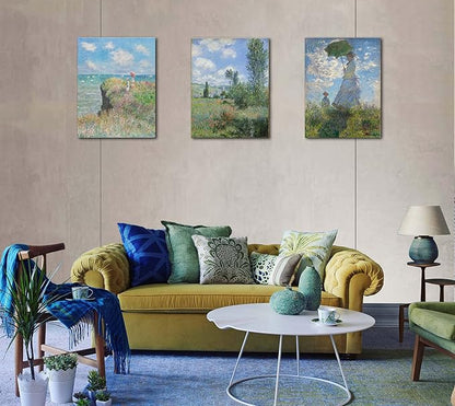 OKEXCKK Woman with a Parasol by Claude Monet - Oil Painting Impressionism Canvas Print Wall Art - Classic Artwork Pictures - 16"x24"x3 Panel