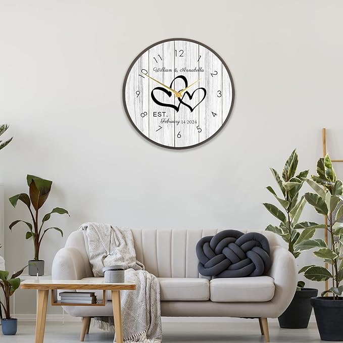 Personalized Couples Wall Clock with Name Date, Custom Farmhouse Wall Clock for Living Room Kitchen Bathroom, Home Decor Gifts for Christmas Birthday Valentine's Anniversary Wedding