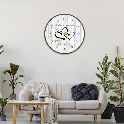 Personalized Couples Wall Clock with Name Date, Custom Farmhouse Wall Clock for Living Room Kitchen Bathroom, Home Decor Gifts for Christmas Birthday Valentine's Anniversary Wedding