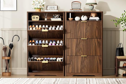 Rainbow Home Oregon Shoe Storage Cabinet, 31.6" W Narrow Fluted Design with 2 Flip Drawers, Walnut Freestanding Organizer for Entryway, Foyer, Hallway | Mid Century Modern (3 Flip Drawers)