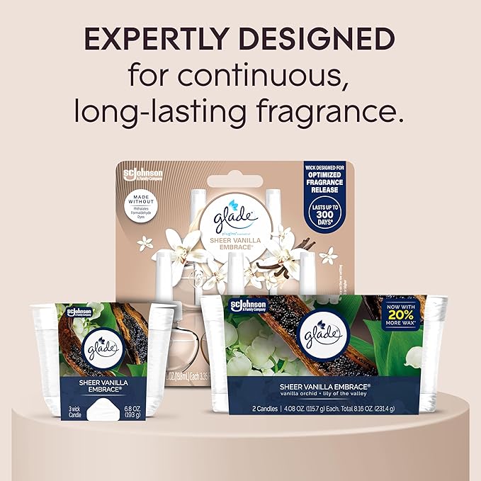 Glade Sheer Vanilla Embrace, Fragrance Candle Infused with Essential Oils, Air Freshener Candle, 3-Wick Candle, 6.8 Oz, 3 Count