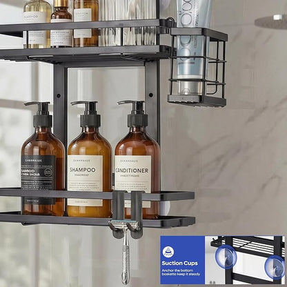 Over the Door Shower Caddy Hanging, Rustproof Shower Shelves with Waterproof Phone Pouch, 2-Tier Adjustable Bathroom Organizers and Storage, No Drilling Shower Shelf, Black Shampoo Soap Holder