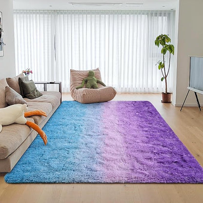 DweIke Luxury Fluffy Kids Rugs for Living Room Bedroom, 6x9 Large Shaggy Purple and Blue Area Rug for Girls Boys, Upgrade Plush Non-Slip and Washable Colorful Fuzzy Carpet for Dorm Nursery Decor