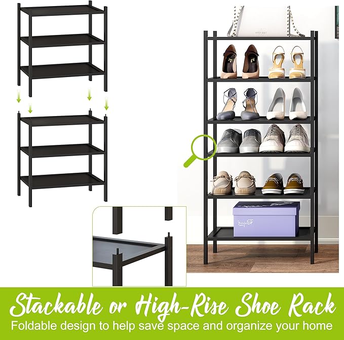 BMOSU 3-Tier Bamboo Small Shoe Rack Premium Stackable Shoe Shelf Storage Organizer for Hallway Closet Living Room Entryway Organizer(Black)