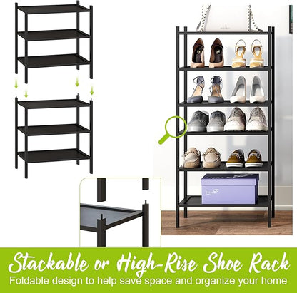BMOSU 3-Tier Bamboo Small Shoe Rack Premium Stackable Shoe Shelf Storage Organizer for Hallway Closet Living Room Entryway Organizer(Black)